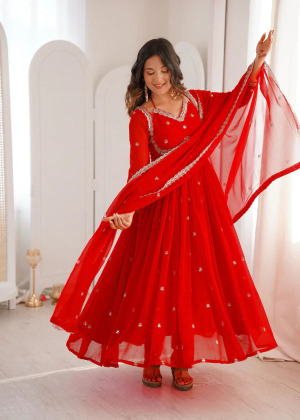 RED EMBROIDERED ANARKALI SUIT SET WITH DUPATTA