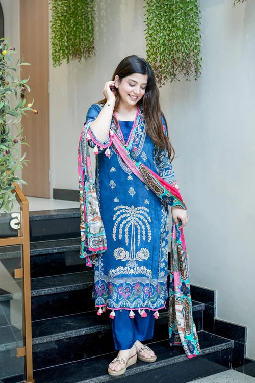 NAVY BLUE EMBROIDERED COTTON SUIT SET WITH PRINTED DUPATTA