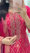 ELEGANT RUBY PINK BROCADE KURTA SET WITH FLORAL DUPATTA