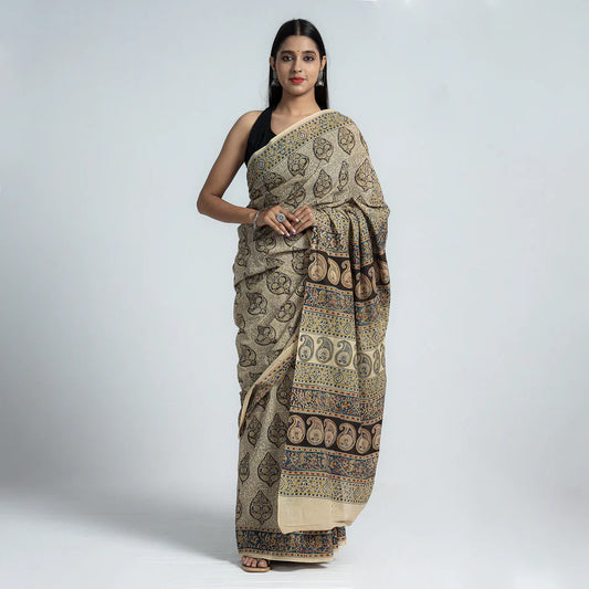 Beige - Pedana Block Print Cotton Kalamkari Saree