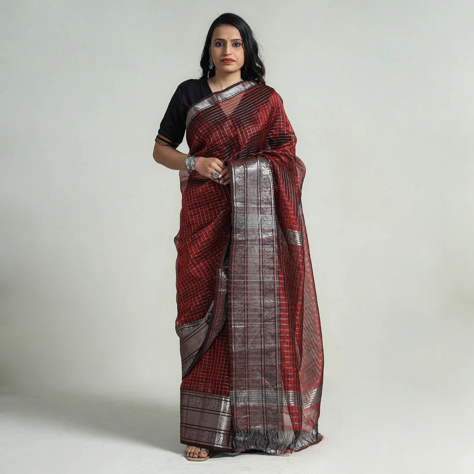 Maroon - Mangalagiri Handloom Silk Cotton Small Check Saree with Zari Border