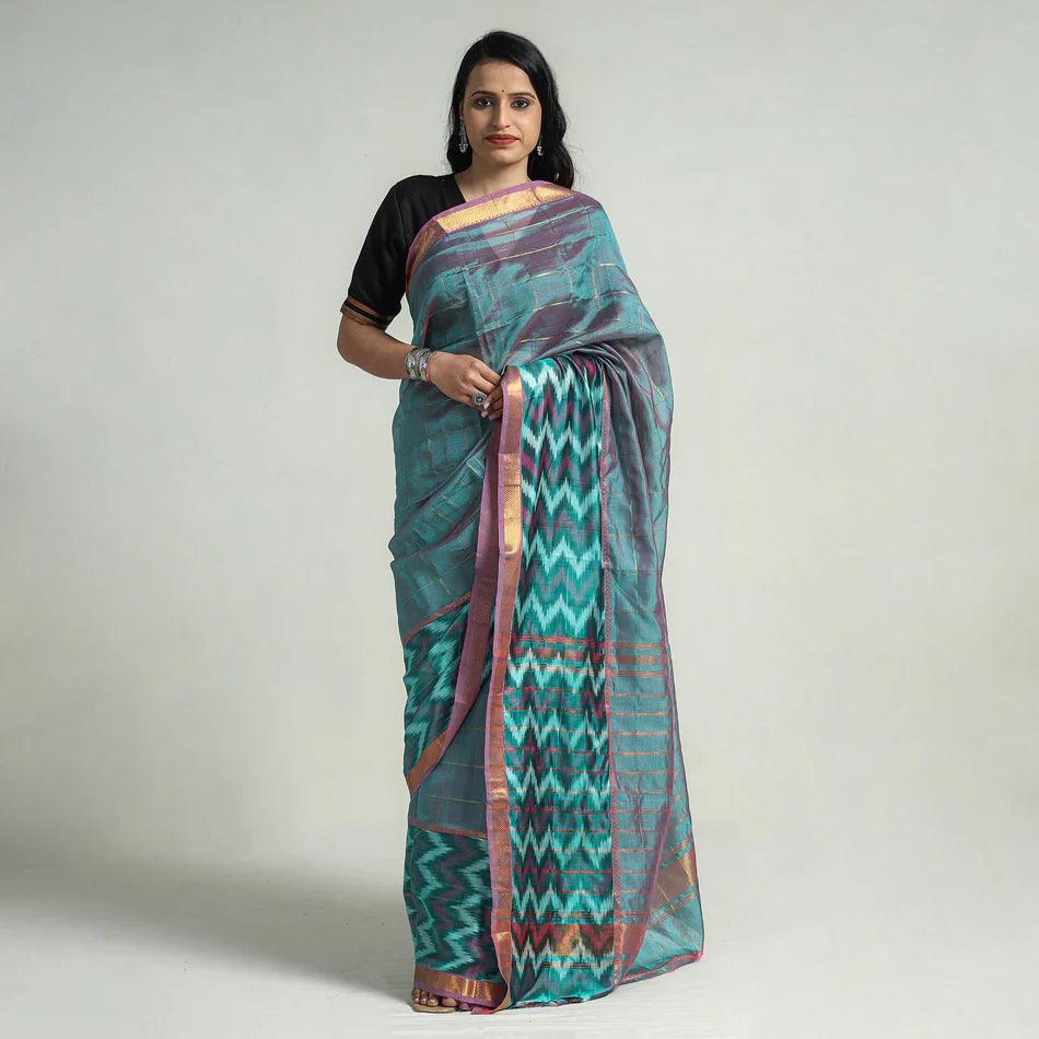 Teal Blue - Mangalagiri Silk Cotton Zari Checks Handloom Saree