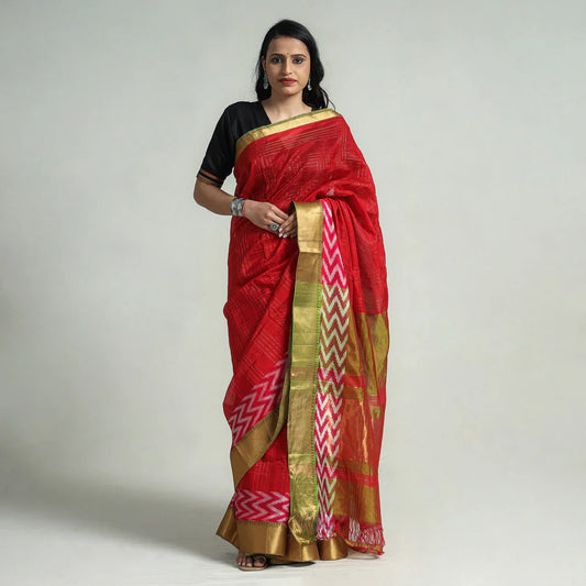 Red - Mangalagiri Silk Cotton Zari Checks Handloom Saree