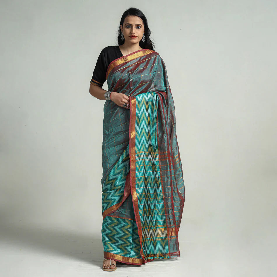 Green - Mangalagiri Handloom Silk-Cotton Zari Checks Saree