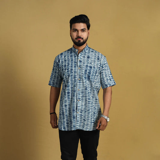 Blue - Half Sleeve Tie & Dye Cotton Men Shibori Shirt 08