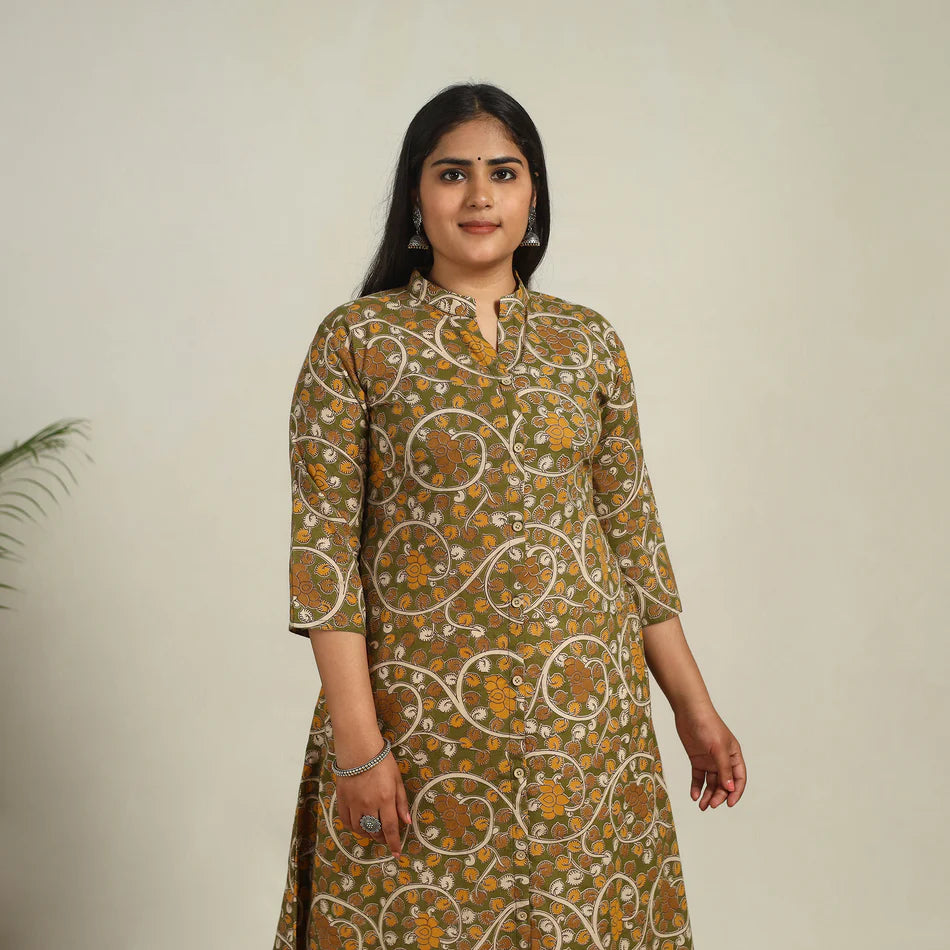 Green - Printed Cotton A-Line Kalamkari Kurta 14