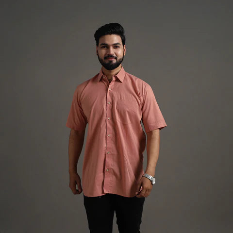 Peach Plain Cotton Men Half Sleeve Shirt