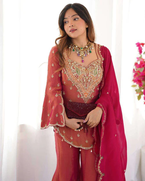 DESIGNER PINK EMBROIDERED SHARARA SET FOR WOMEN