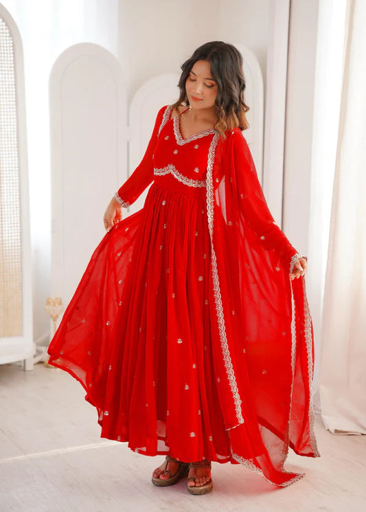 RED EMBROIDERED ANARKALI SUIT SET WITH DUPATTA