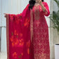 ELEGANT RUBY PINK BROCADE KURTA SET WITH FLORAL DUPATTA