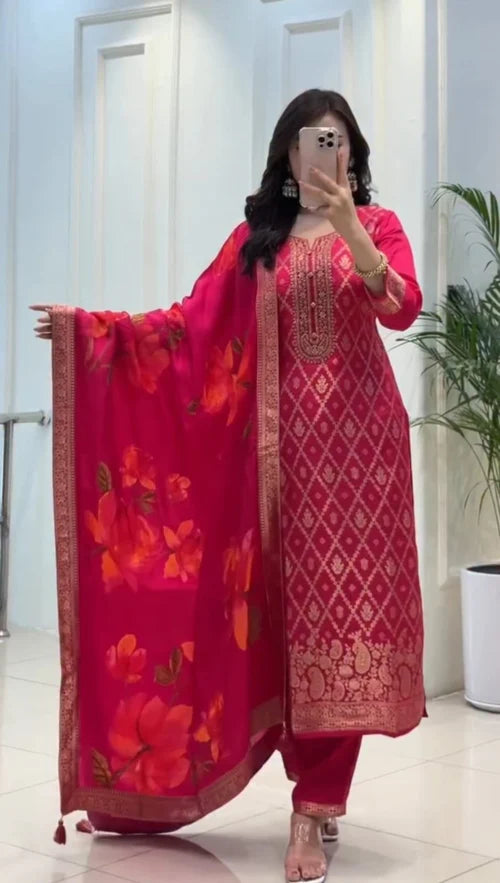 ELEGANT RUBY PINK BROCADE KURTA SET WITH FLORAL DUPATTA