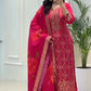 ELEGANT RUBY PINK BROCADE KURTA SET WITH FLORAL DUPATTA