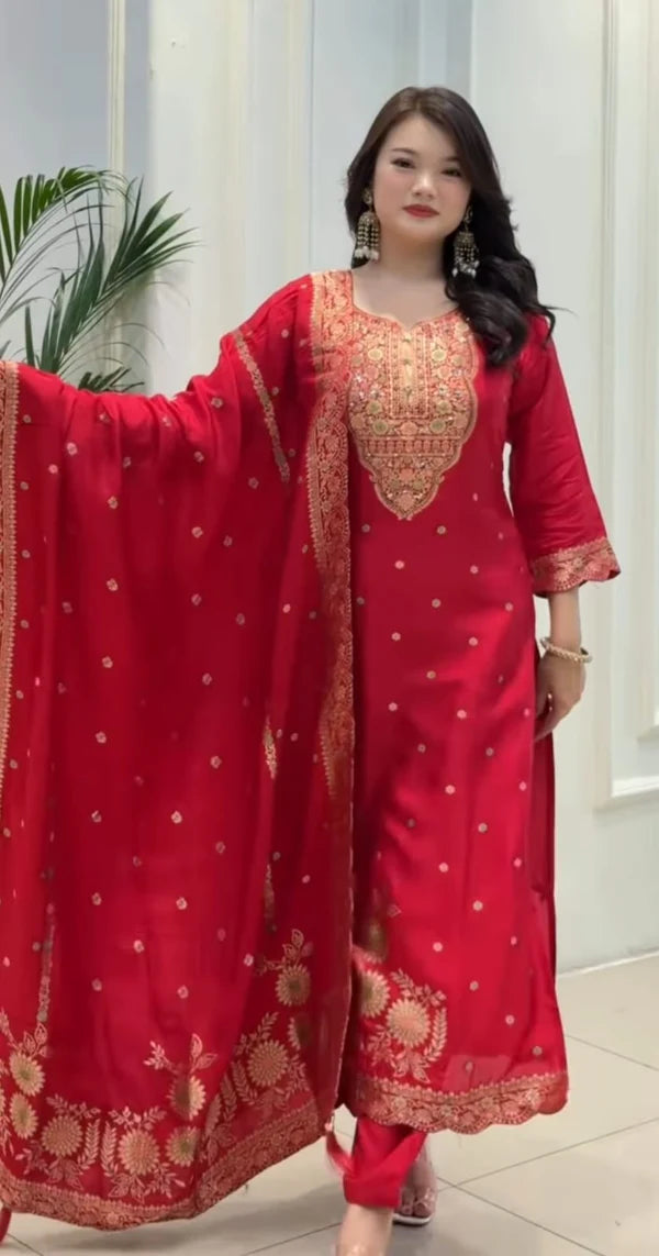 RED SILK BLEND EMBROIDERED KURTA PANT SET WITH DUPATTA FOR WOMEN