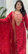 RED SILK BLEND EMBROIDERED KURTA PANT SET WITH DUPATTA FOR WOMEN