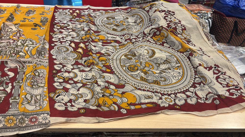 Beige Kalamkari Cotton Saree, pallu