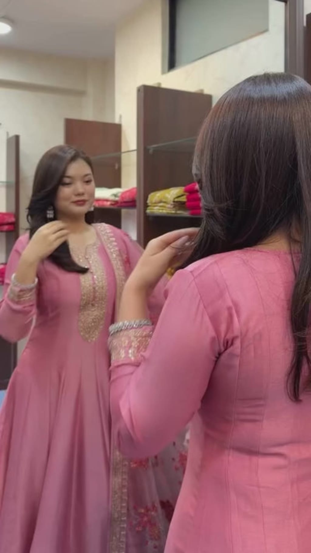 PINK EMBROIDERED ANARKALI SUIT SET WITH FLORAL NET DUPATTA