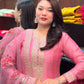 PINK EMBROIDERED ANARKALI SUIT SET WITH FLORAL NET DUPATTA