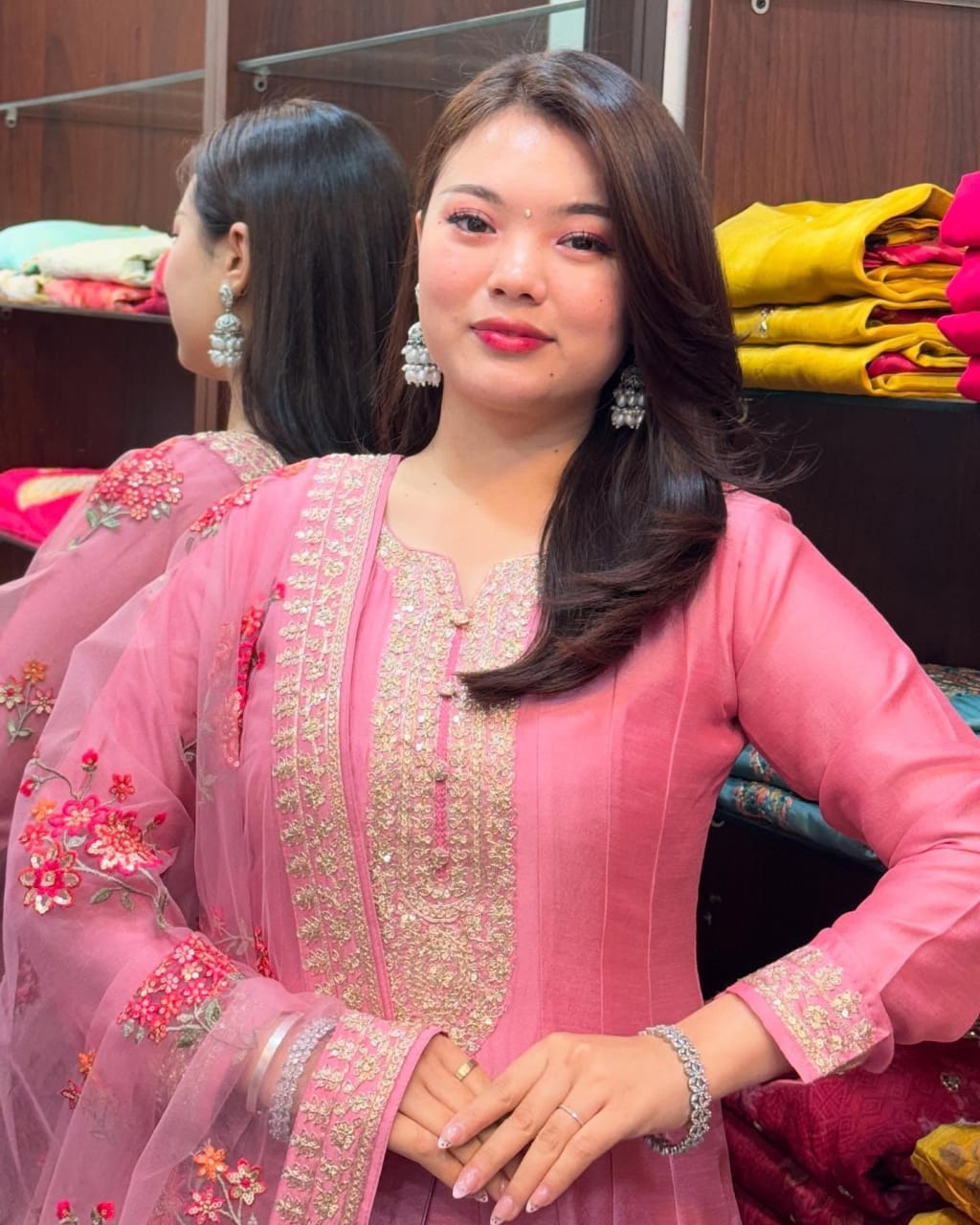 PINK EMBROIDERED ANARKALI SUIT SET WITH FLORAL NET DUPATTA