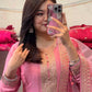PINK EMBROIDERED ANARKALI SUIT SET WITH FLORAL NET DUPATTA