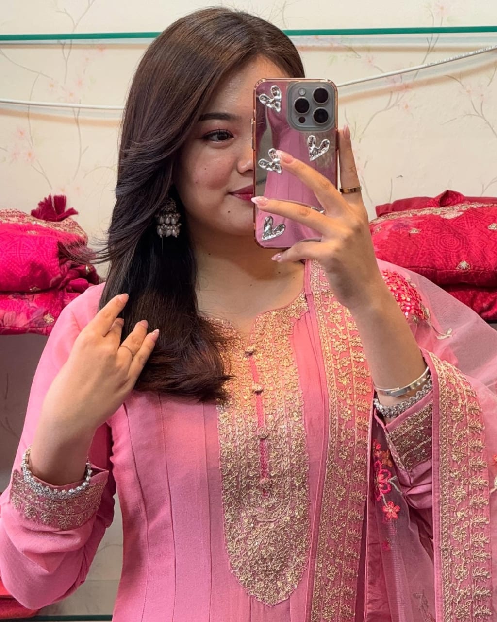 PINK EMBROIDERED ANARKALI SUIT SET WITH FLORAL NET DUPATTA