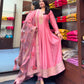 PINK EMBROIDERED ANARKALI SUIT SET WITH FLORAL NET DUPATTA