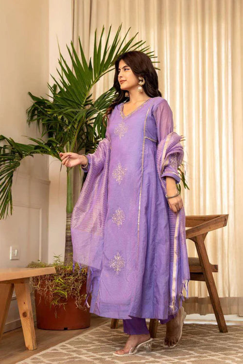 GRACEFUL LAVENDER  EMBROIDERED COTTON SILK KURTA SET WITH DUPPATA