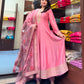 PINK EMBROIDERED ANARKALI SUIT SET WITH FLORAL NET DUPATTA