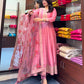 PINK EMBROIDERED ANARKALI SUIT SET WITH FLORAL NET DUPATTA